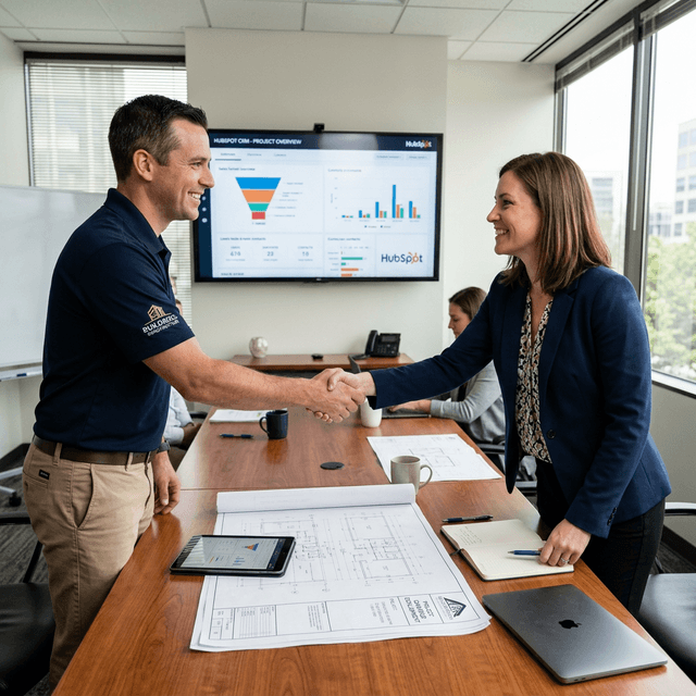 Commercial construction contractor shaking hands with client after successful B2B marketing presentation