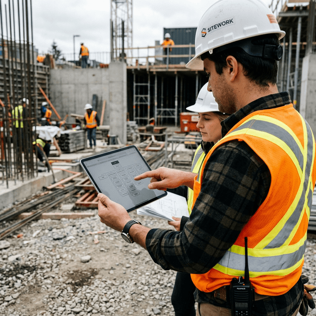 Construction project manager reviewing digital marketing analytics on iPad at California job site