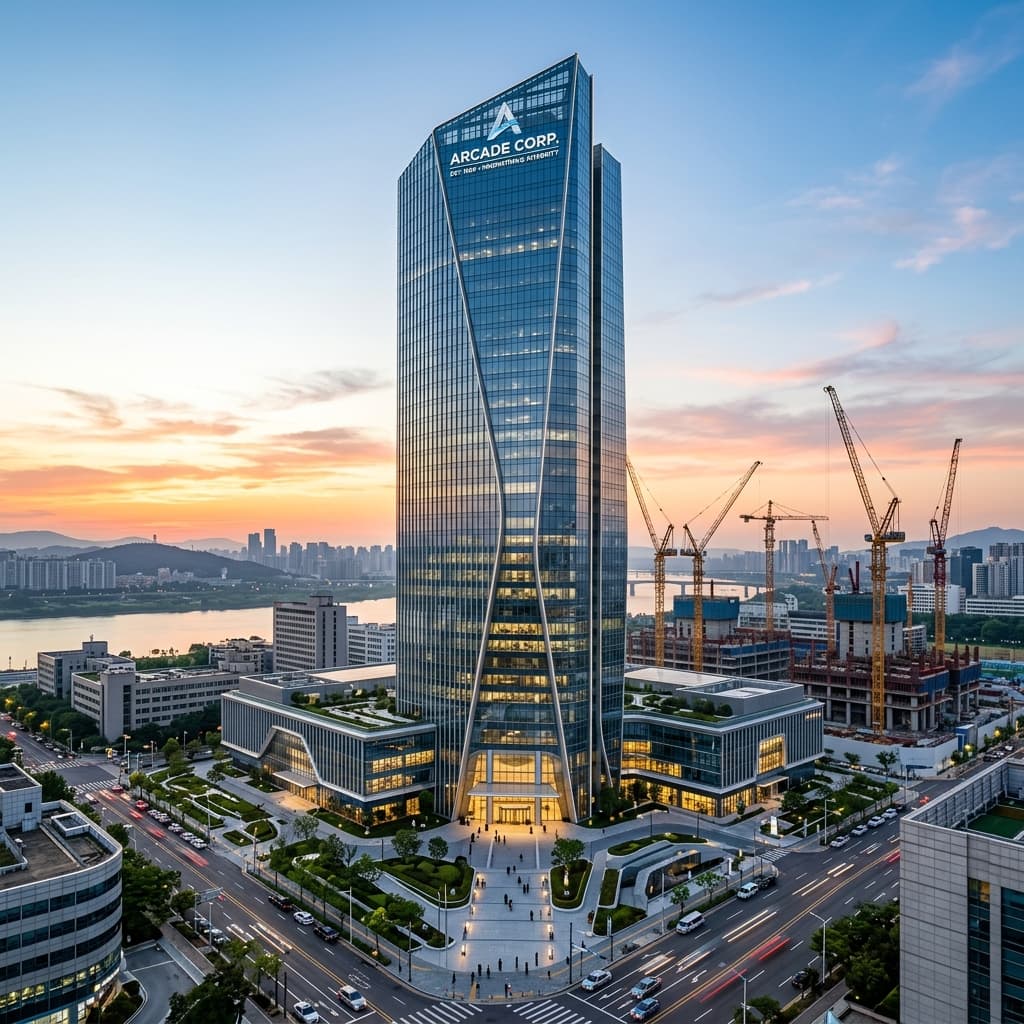 A pristine, ultra-modern commercial building standing tall at dawn symbolizing an unshakeable corporate empire