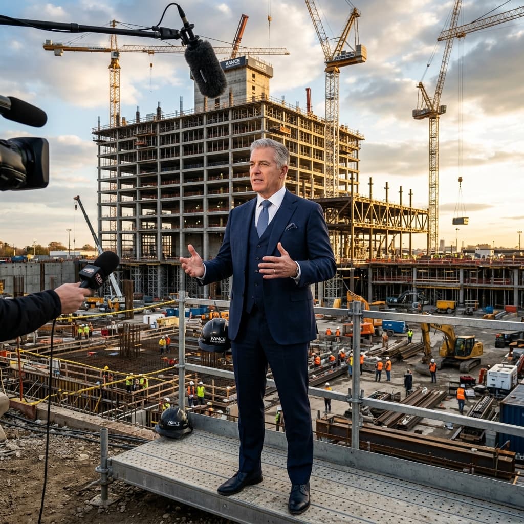 Elite commercial construction CEO in a sharp dark suit giving an authoritative interview in front of a massive build