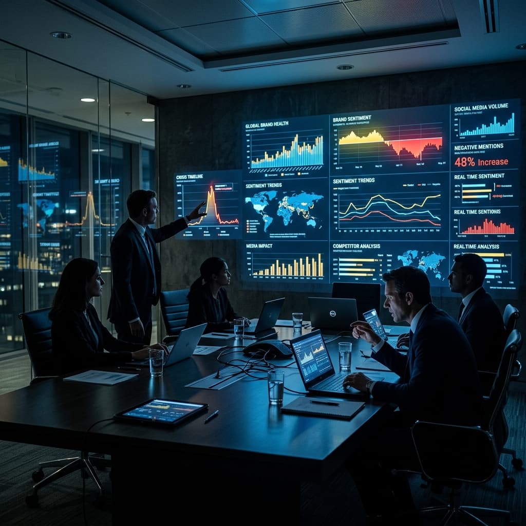 Dark sleek corporate war room with PR executives reviewing massive project data analytics and brand sentiment charts