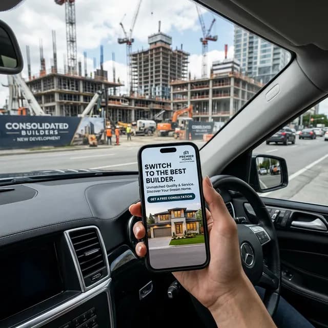 Smartphone displaying a 'Switch to the Best Builder' competitive conquesting ad with a competitor's massive construction site blurred in the background