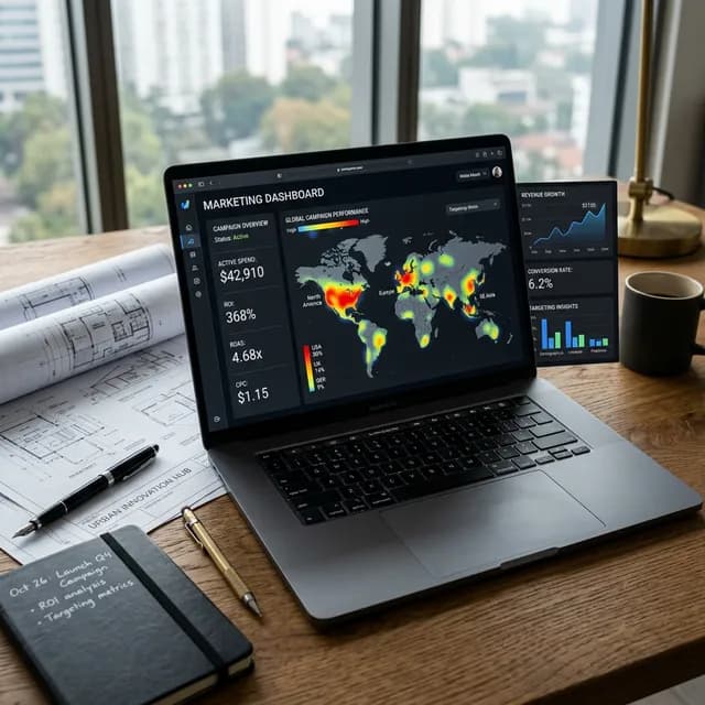 Dark-mode analytics software dashboard on a premium laptop displaying geographic heatmaps and high ROI metrics
