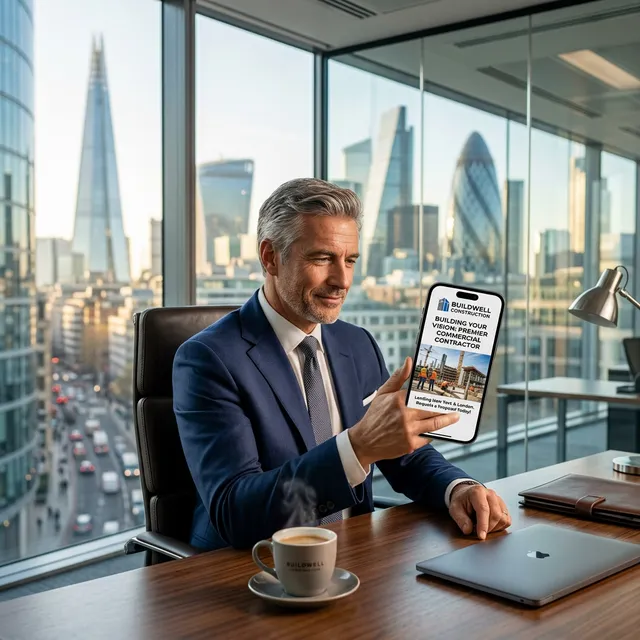 Wealthy real estate developer sitting in a premium glass office having coffee while looking intently at a highly targeted construction ad on their smartphone