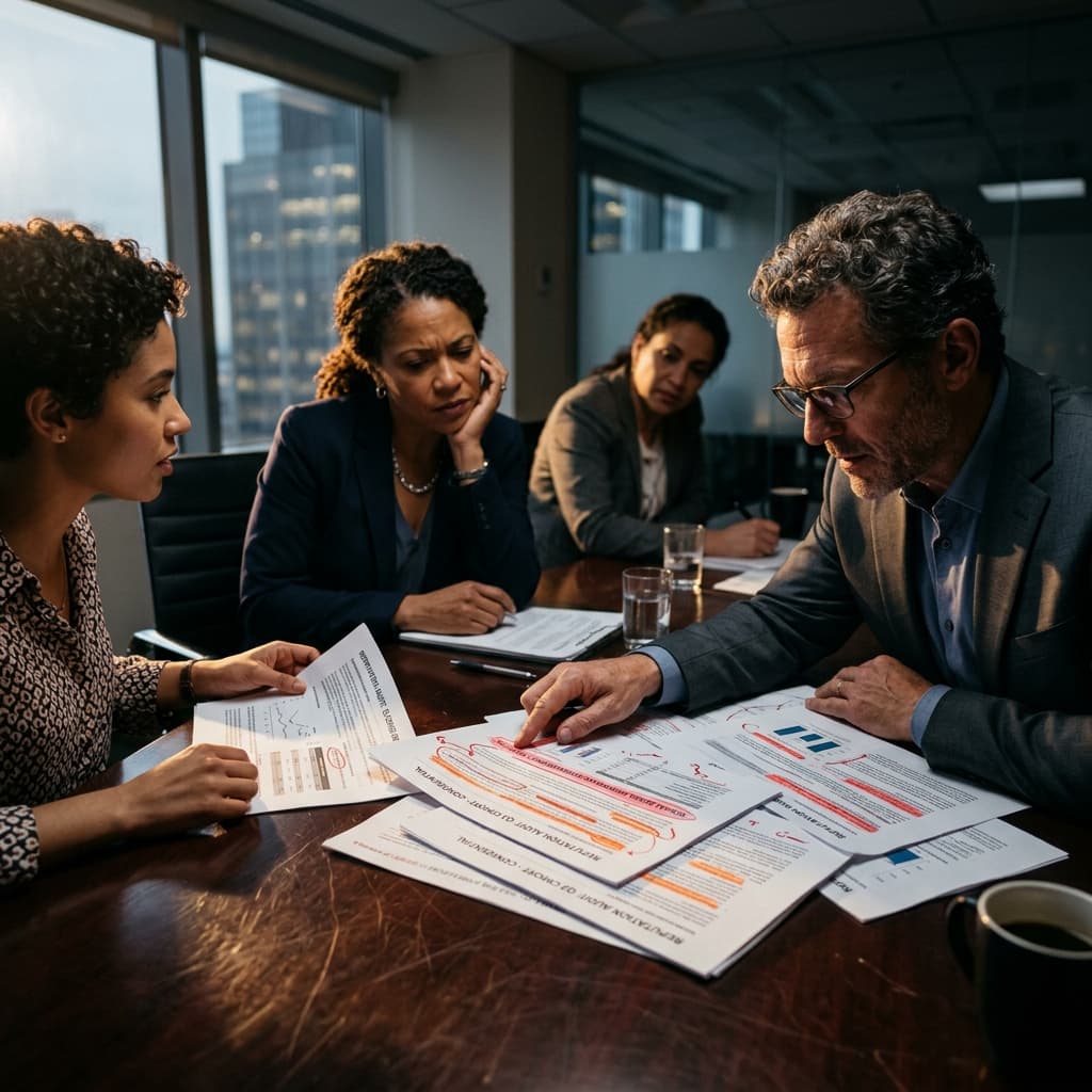 Professional crisis management team reviewing reputation audit reports with red warning highlights in a dark boardroom