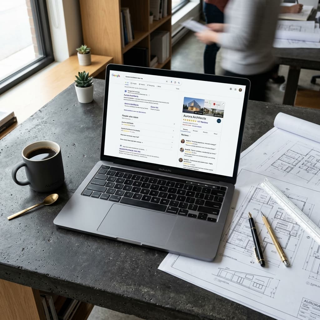 Laptop on a dark concrete desk showing a Google Business Profile with a 4.8 star rating surrounded by architectural blueprints