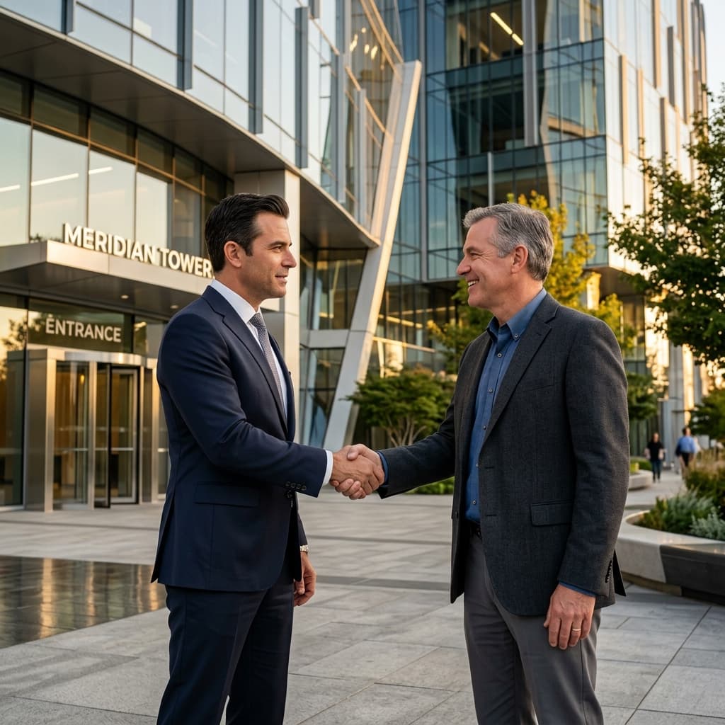 Serious executive shaking hands with a satisfied client in front of a newly completed modern commercial building