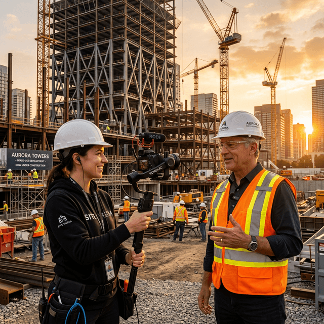 Un camarógrafo profesional sosteniendo una cámara tipo cardán estabilizador, entrevistando a un desarrollador de bienes raíces comerciales