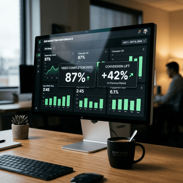 Un primer plano fotorrealista de un monitor que muestra un panel de análisis elegante que describe las tasas de finalización de video