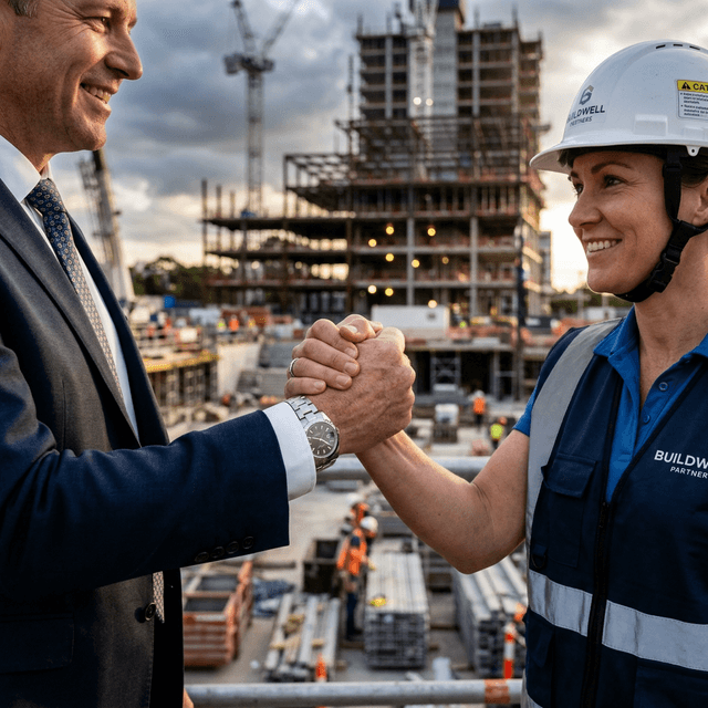 Una imagen fotorrealista de un primer plano de un apretón de manos firme entre un ejecutivo de construcción con traje y un jefe de proyecto
