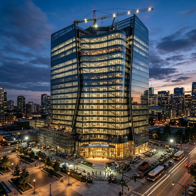 Enorme edificio comercial en el anochecer que se acaba de finalizar