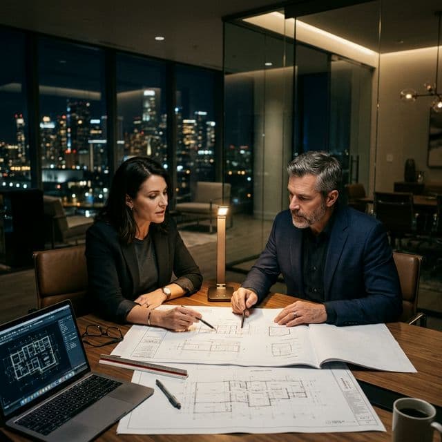 Dos profesionales de alto nivel revisando críticamente planos de construcción