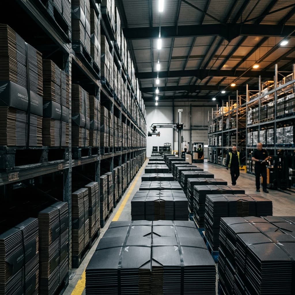 A massive, grimly organized, high-end industrial fulfillment center with aligned stacks of identical, black, branded dimensional corporate mailers.
