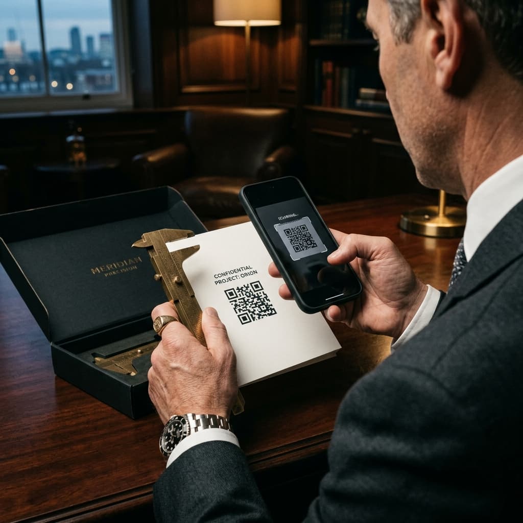 A close-up of a CEO's hands in a dark luxury office holding a heavy physical brass precision tool from a mailer, scanning a QR code with a smartphone.