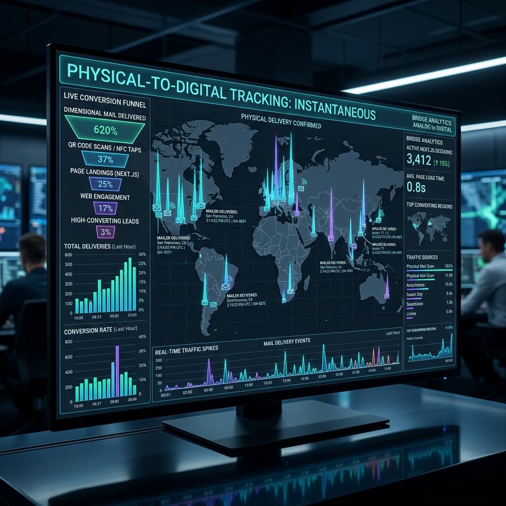 A glowing dark-theme digital analytics dashboard displaying instantaneous physical-to-digital tracking and real-time geographic data spikes.