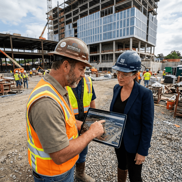 Contractor presenting weekly drone site photography progress reports to commercial developer on iPad