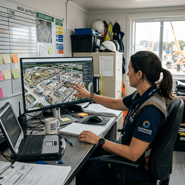 Construction project manager analyzing drone mapping data and 3D orthomosaic models in site trailer