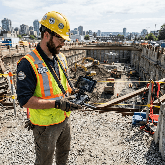 Certified drone operator conducting safe aerial site inspection at large excavation project