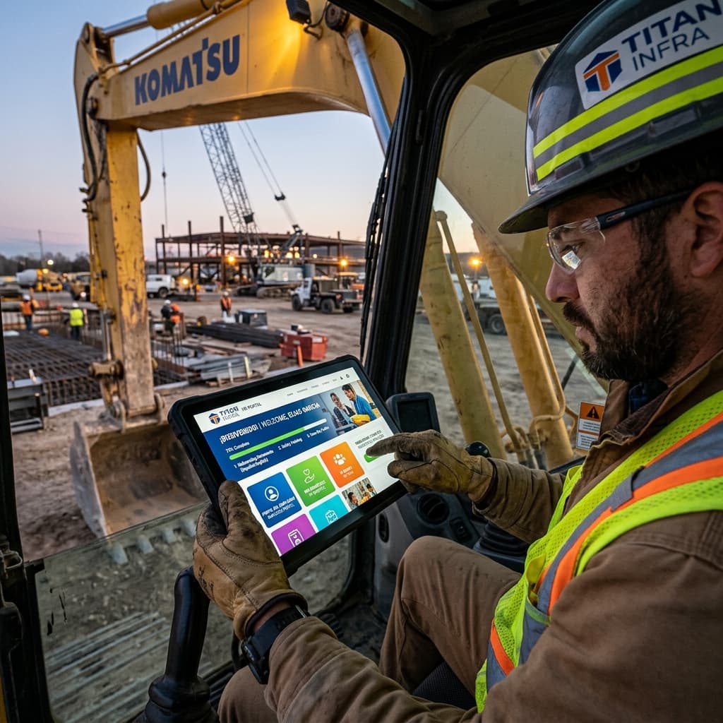High-tech corporate HR portal displayed on a premium tablet operated by heavy machinery operator