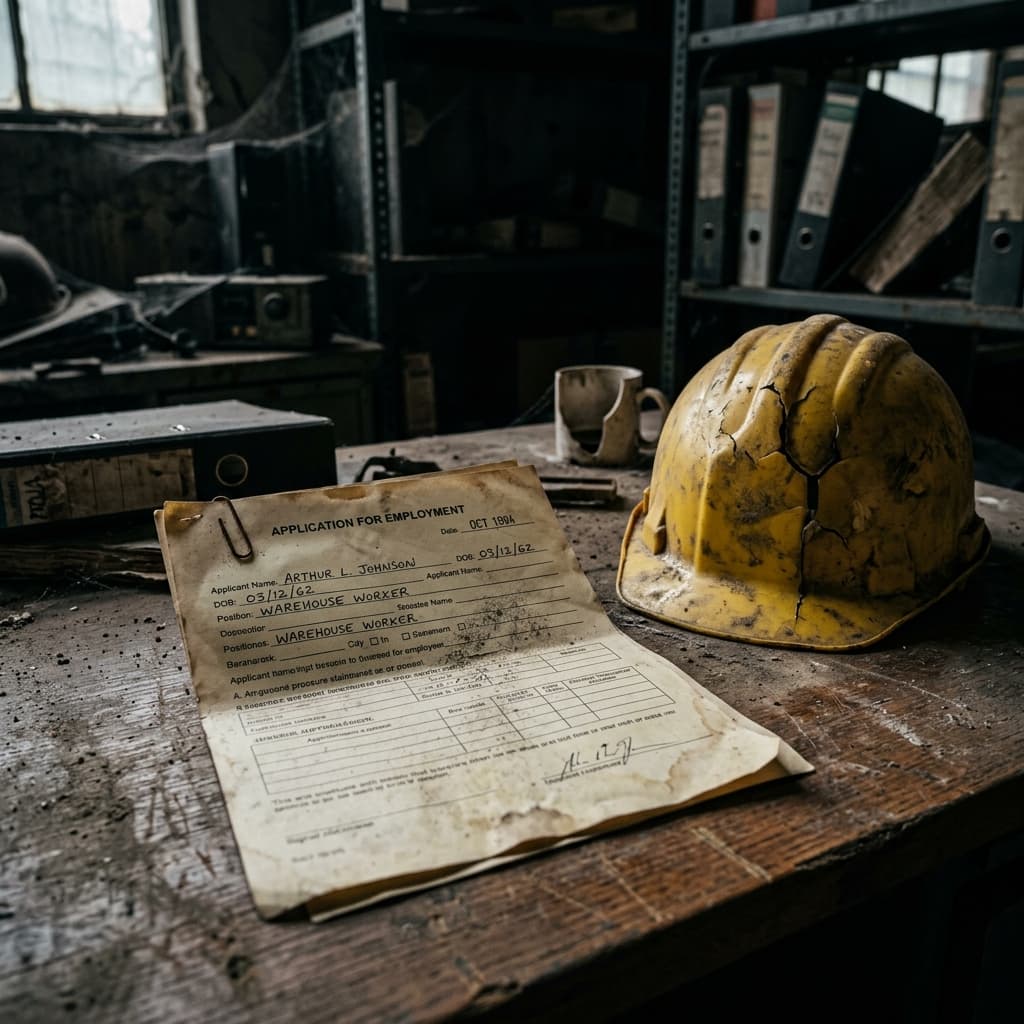 Outdated paper job application next to a cheap cracked hard hat symbolizing HR decay