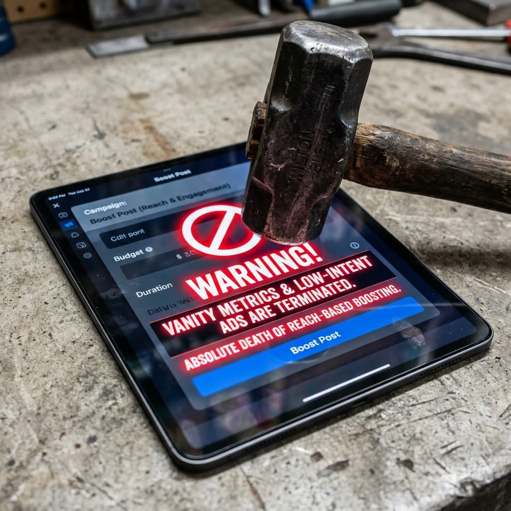 A sleek, heavy metal sledgehammer resting deliberately on a dark iPad. The iPad screen displays a glowing red warning sign overlaying a typical social media boost post button.