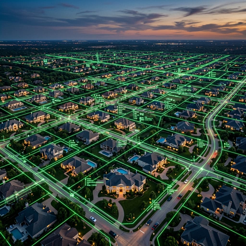 A terrifyingly intricate, glowing green demographic mapping grid overlaid on a sprawling, highly affluent suburban neighborhood at dusk, viewed from a drone perspective.