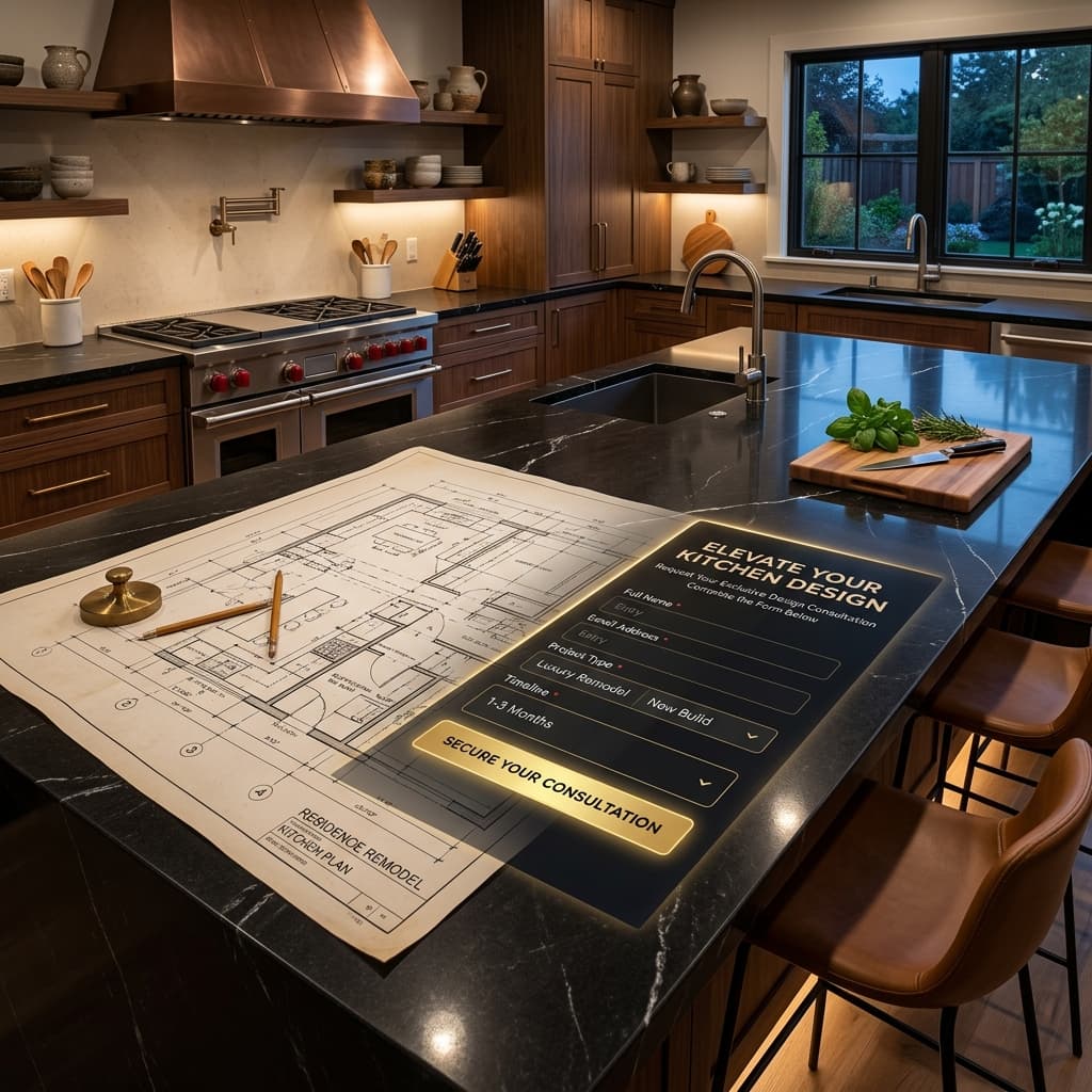 A massive, polished dark granite kitchen island in a high-end luxury remodel where a blueprint seamlessly transitions into a glowing digital lead form.
