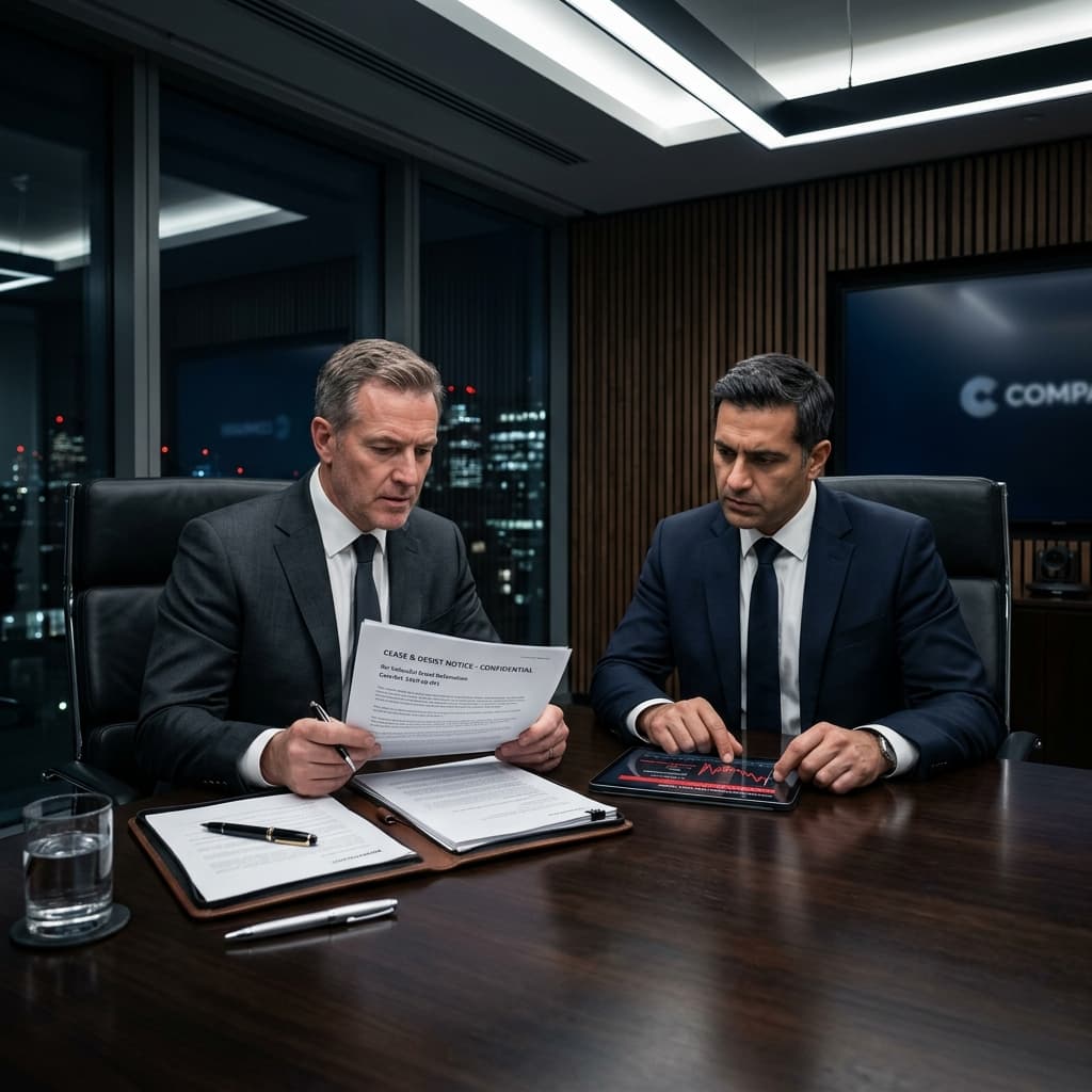Elite executives in dark suits seriously reviewing legal cease and desist documents and digital reputation metrics in a sleek boardroom