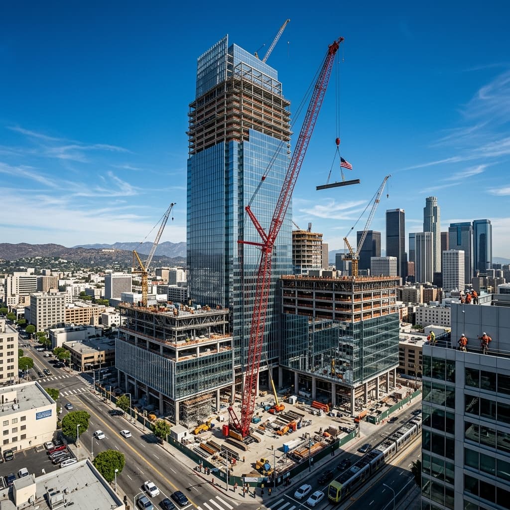 Epic wide shot of a massive modern commercial construction project in LA symbolizing absolute reputational dominance