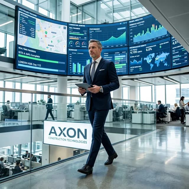 Highly competent modern construction firm CEO in a sharp suit walking through a sleek corporate office with massive digital screens displaying website analytics