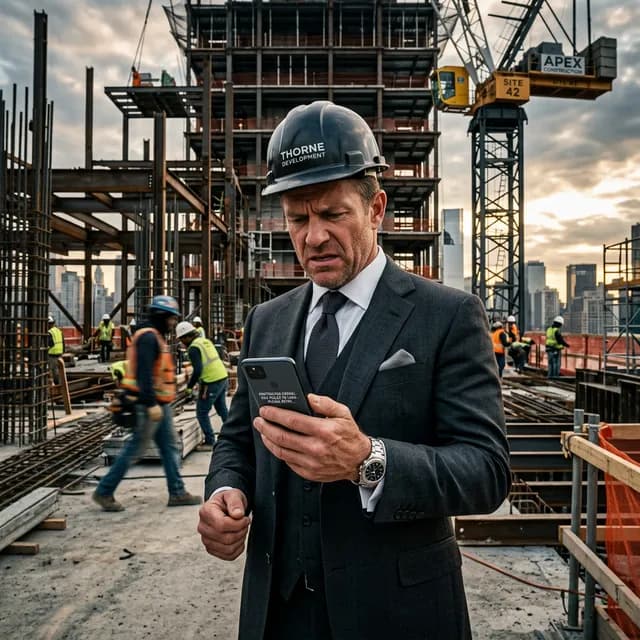 Wealthy real estate developer standing on a high-end commercial construction site with a deep expression of frustration staring down at a slow loading contractor website on his smartphone