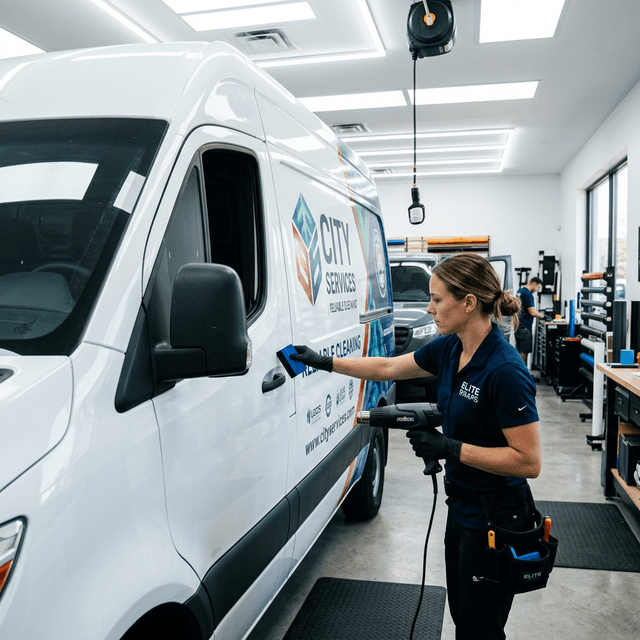 Professional vinyl wrap installer using a heat gun and squeegee applying graphic decals to a white commercial van