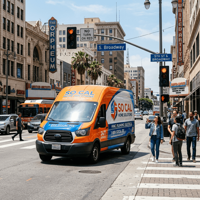 Branded commercial service van stopped at a busy intersection with pedestrians noticing the bright mobile billboard design