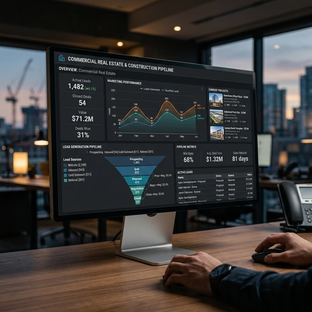 Un dashboard elegante de tema oscuro mostrando analíticas de marketing y embudos de generación de leads adaptados para desarrollo inmobiliario comercial.