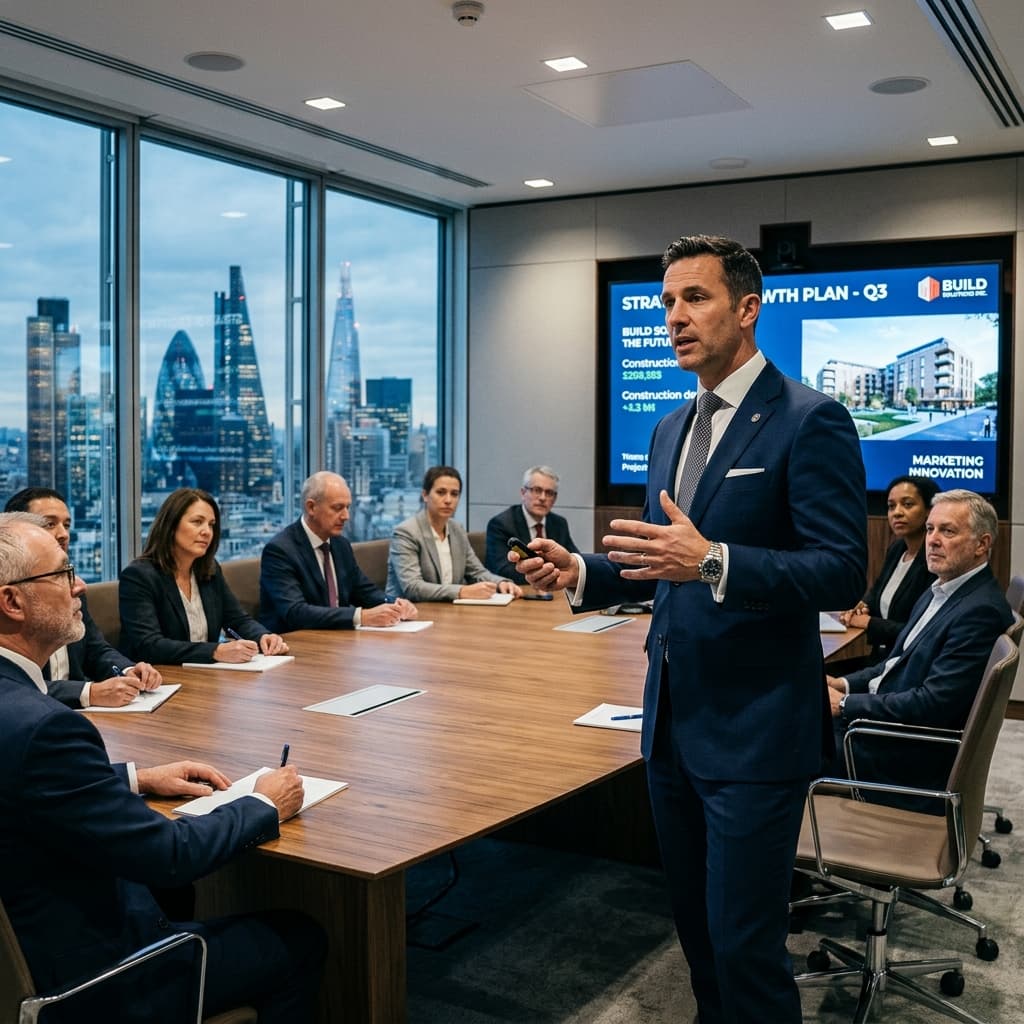 Un ejecutivo de marketing seguro y refinado en un traje oscuro a medida dirigiéndose a una junta directiva de una empresa constructora en una sala de conferencias premium.