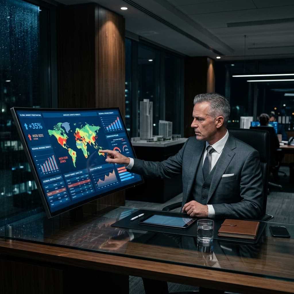 An elite commercial real estate developer sitting at a sleek desk, reviewing an aggressive corporate dashboard on an interactive screen