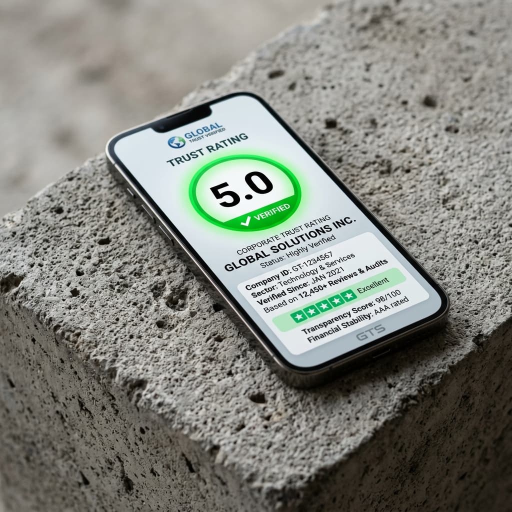 Close-up of a high-end smartphone on a raw concrete surface displaying a 5.0 Google Business rating with a bright green verified checkmark