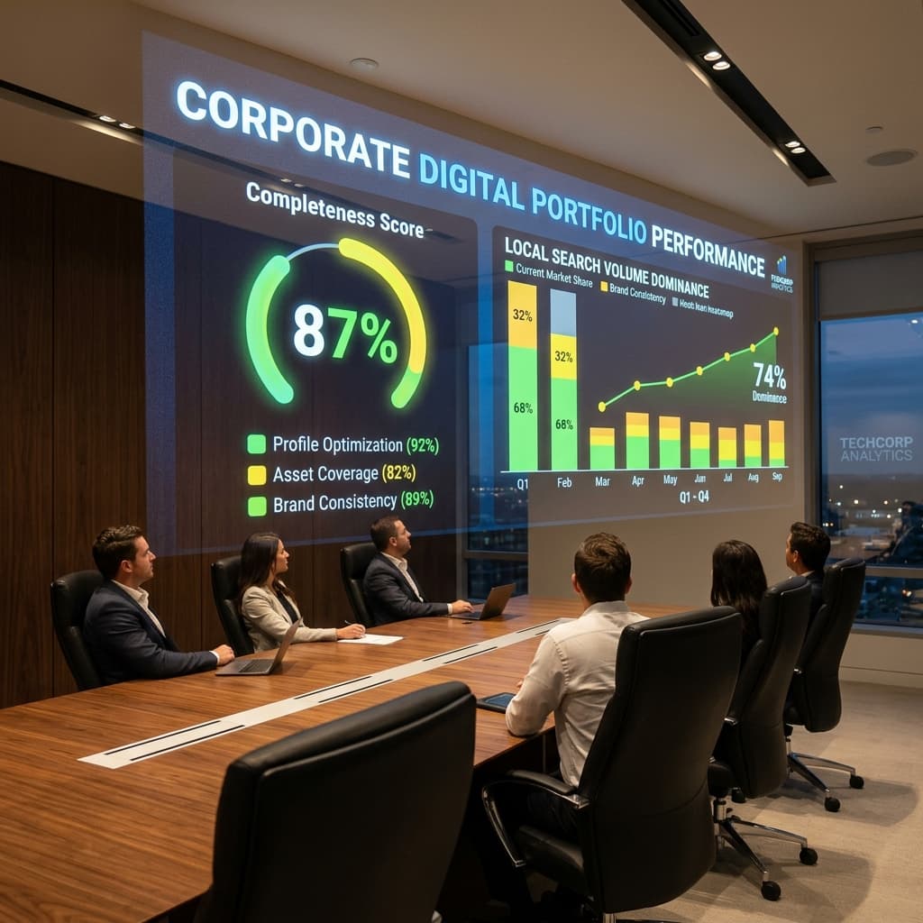 A high-end minimalist boardroom with a projector calculating business profile completeness scores and local search volume dominance