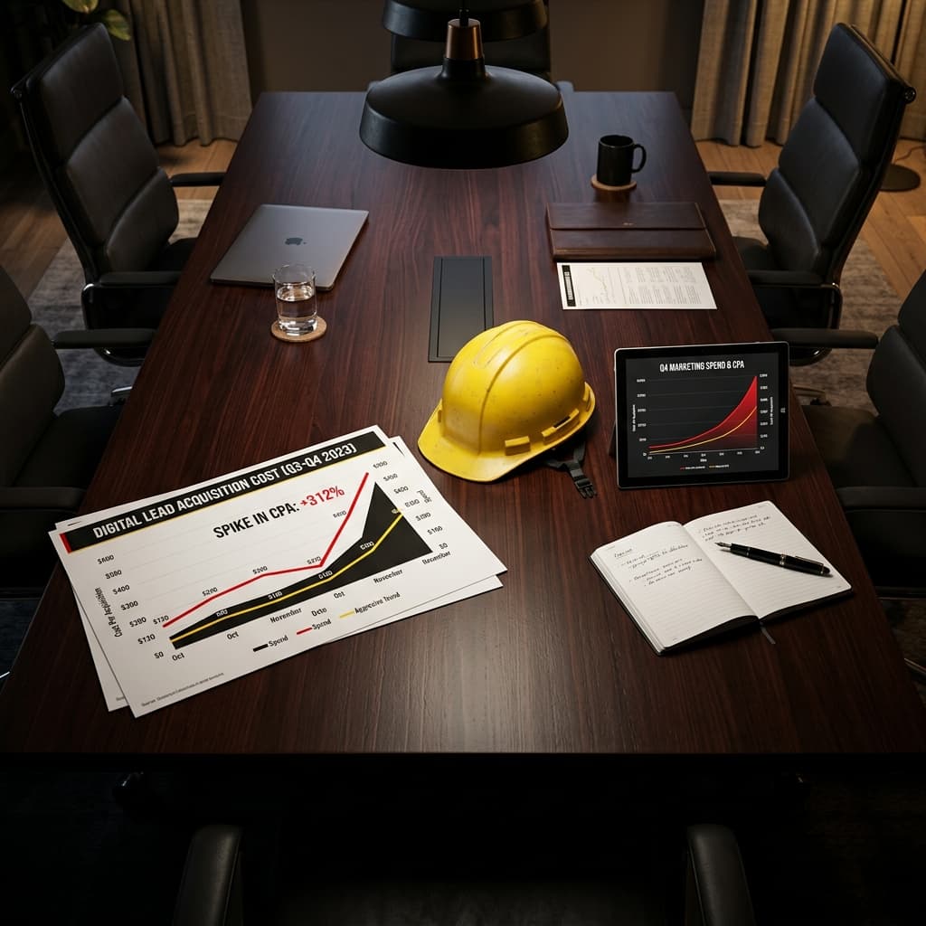 A top-down view of a modern dark mahogany conference table. Detailed statistical charts showing an aggressive spike in digital lead acquisition costs next to a yellow hard hat.