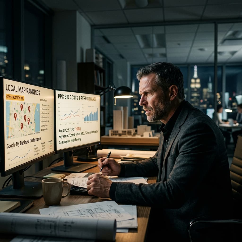 An intense, cinematic side profile of a construction executive in a dark-hued office furiously analyzing dual monitors that display local map pack rankings and PPC bid costs.
