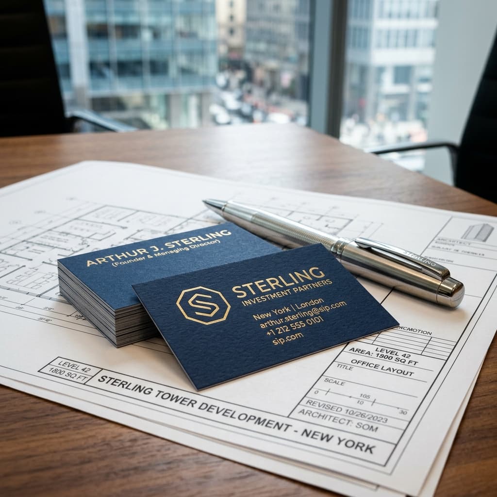 A close-up of high-quality business cards and a polished metal pen resting on top of a set of commercial blueprints.