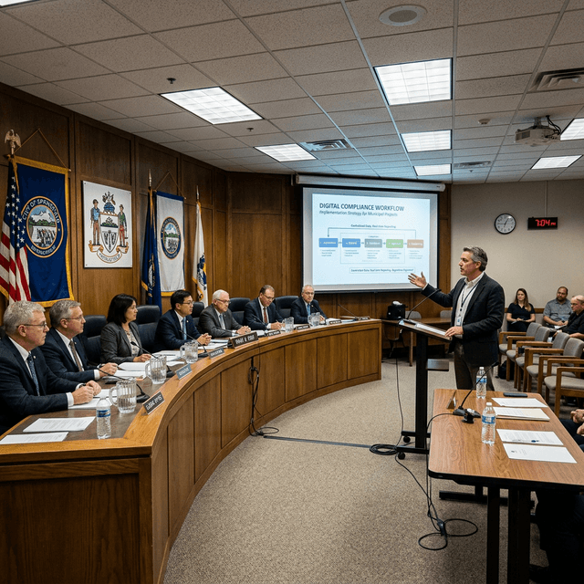 A tense city council meeting where a contractor projects absolute digital authority.