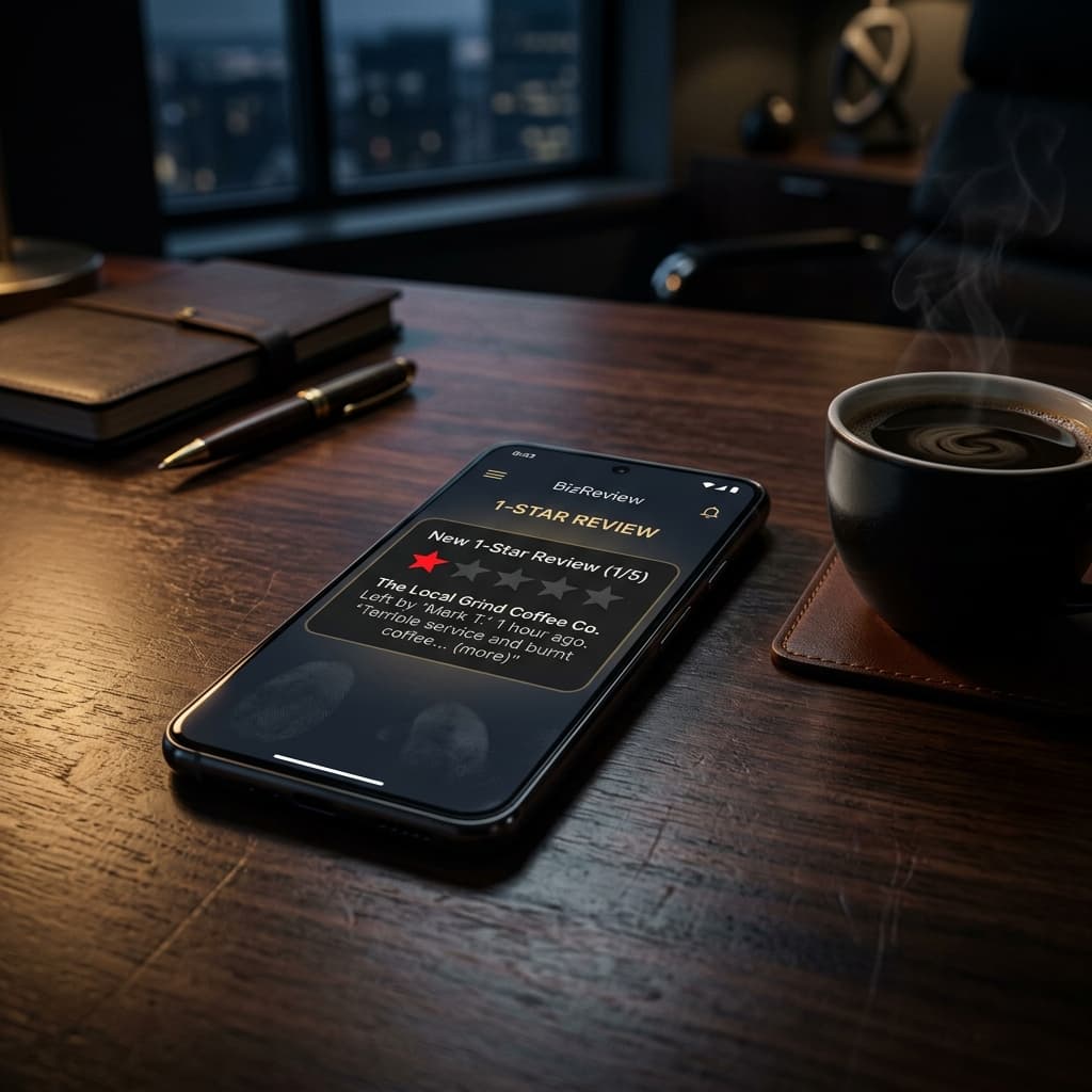 High-end smartphone showing a 1-star review notification on a business profile app resting on a dark polished desk