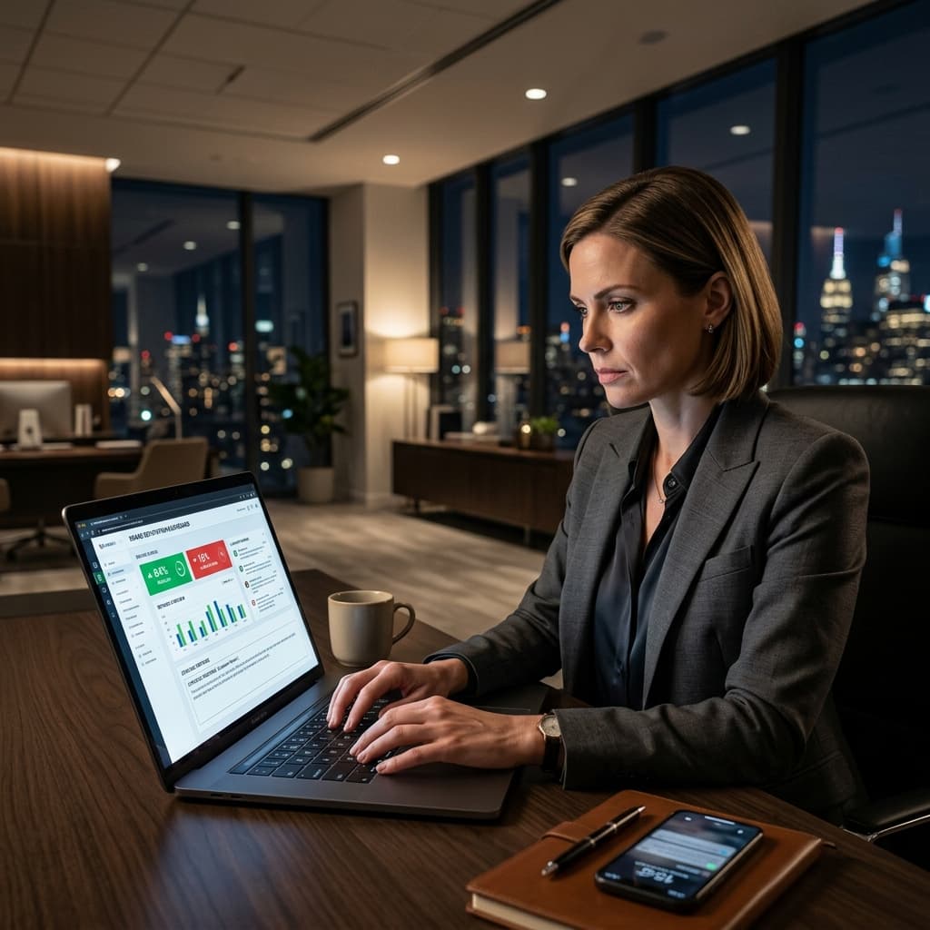 Professional executive typing a strategic corporate response on a sleek laptop showing a review management dashboard