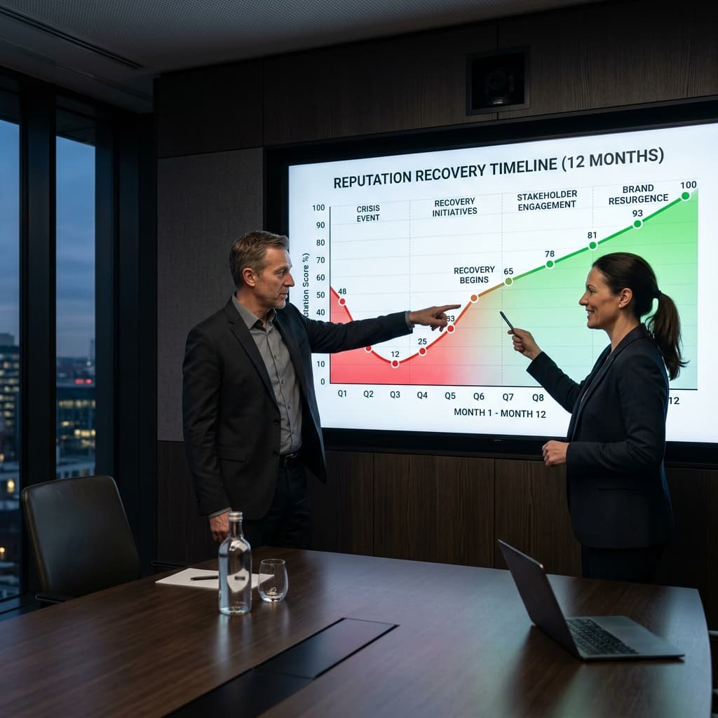 Executive boardroom with a presentation screen showing a reputation recovery timeline graph trending upward from red to green over 12 months