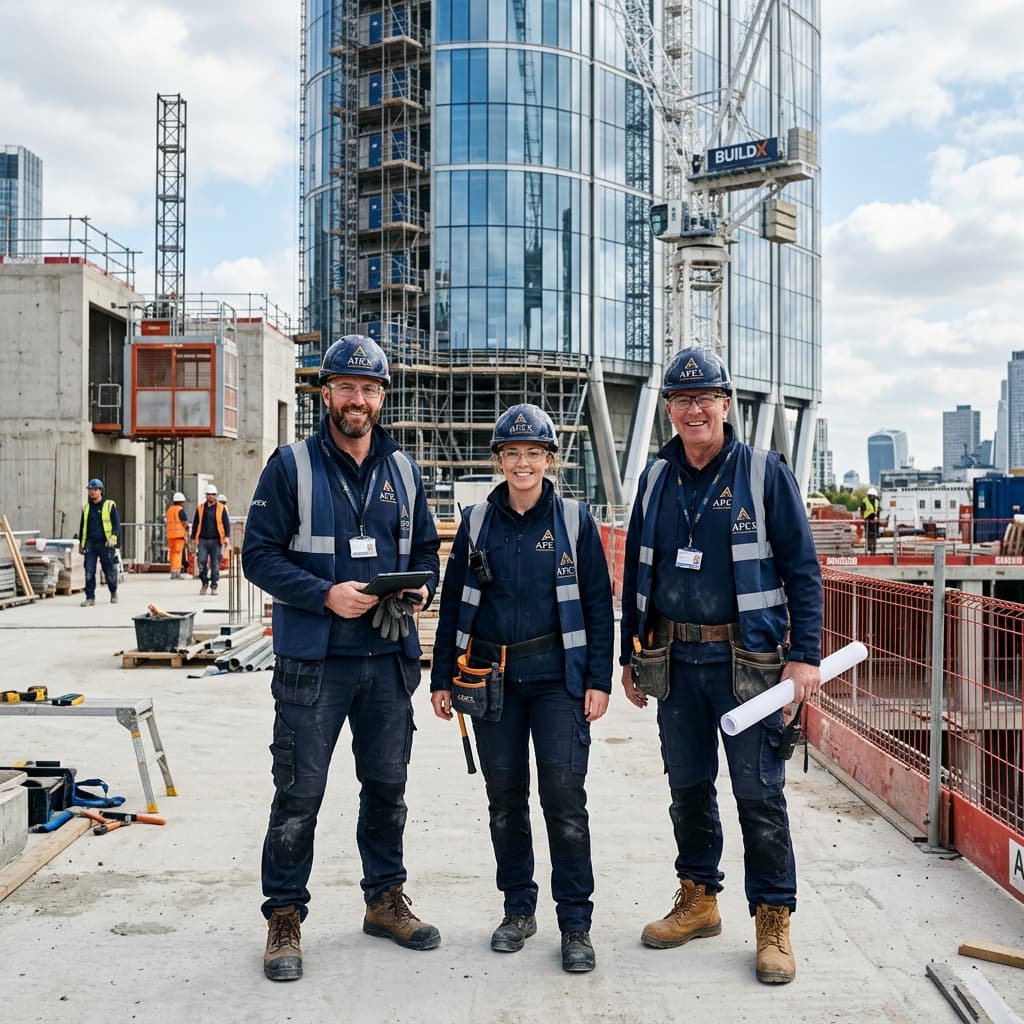 Three luxury commercial construction workers wearing immaculately branded safety gear standing confidently on a clean active jobsite.