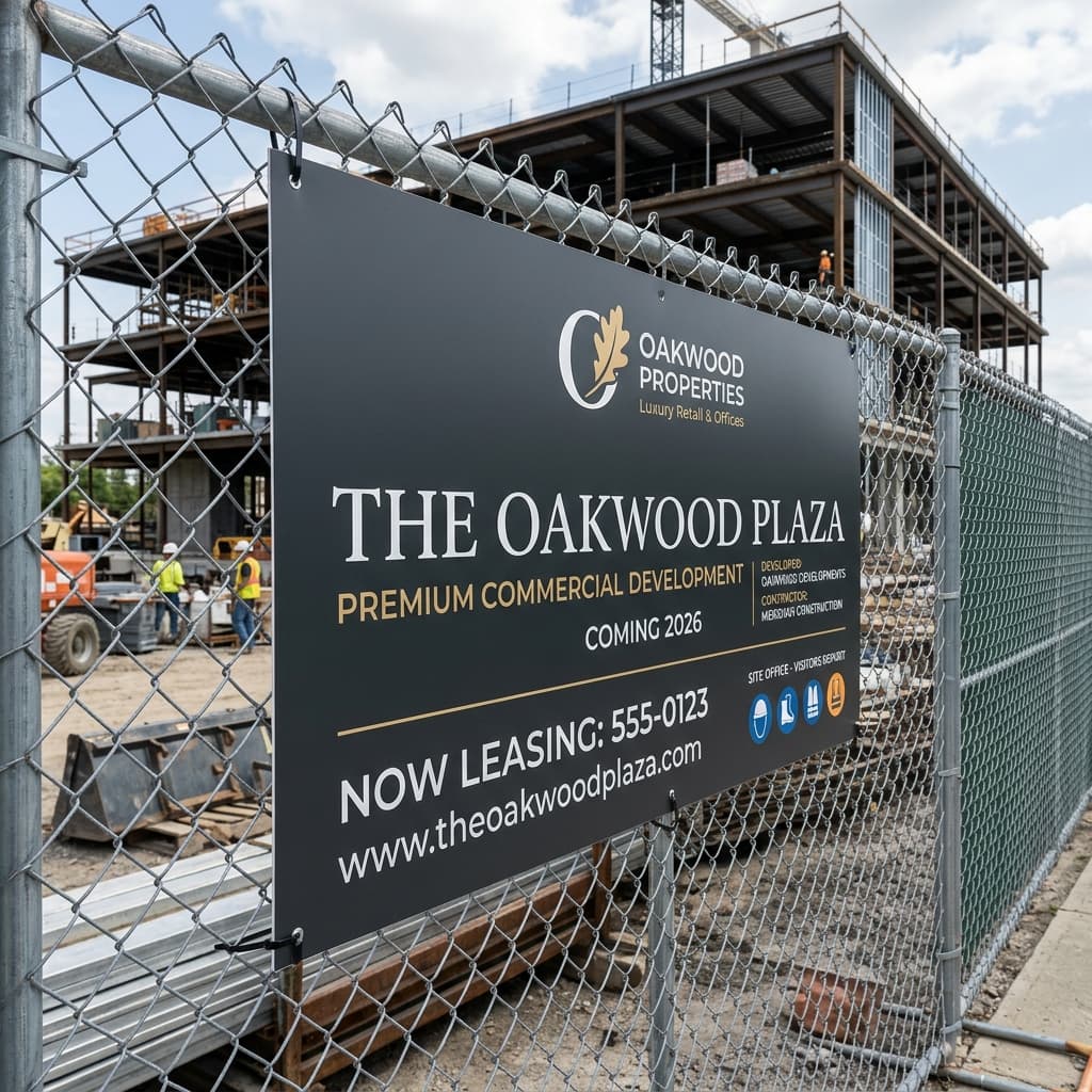 A premium construction sign attached to a chain-link fence at a luxury commercial build site with architectural renders and bold corporate branding.