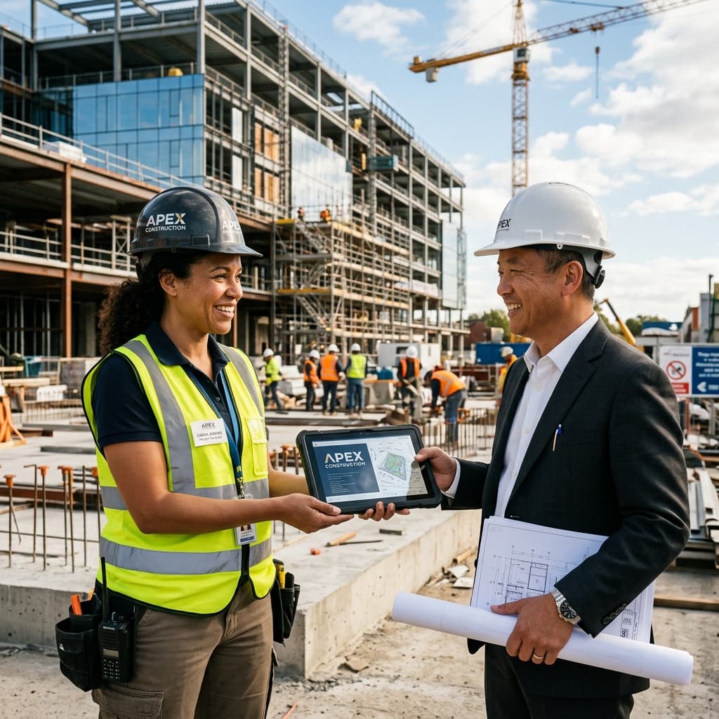 A commercial project manager in branded gear handing a custom-logoed tablet to a client outdoors under natural sunlight on an active premium jobsite.