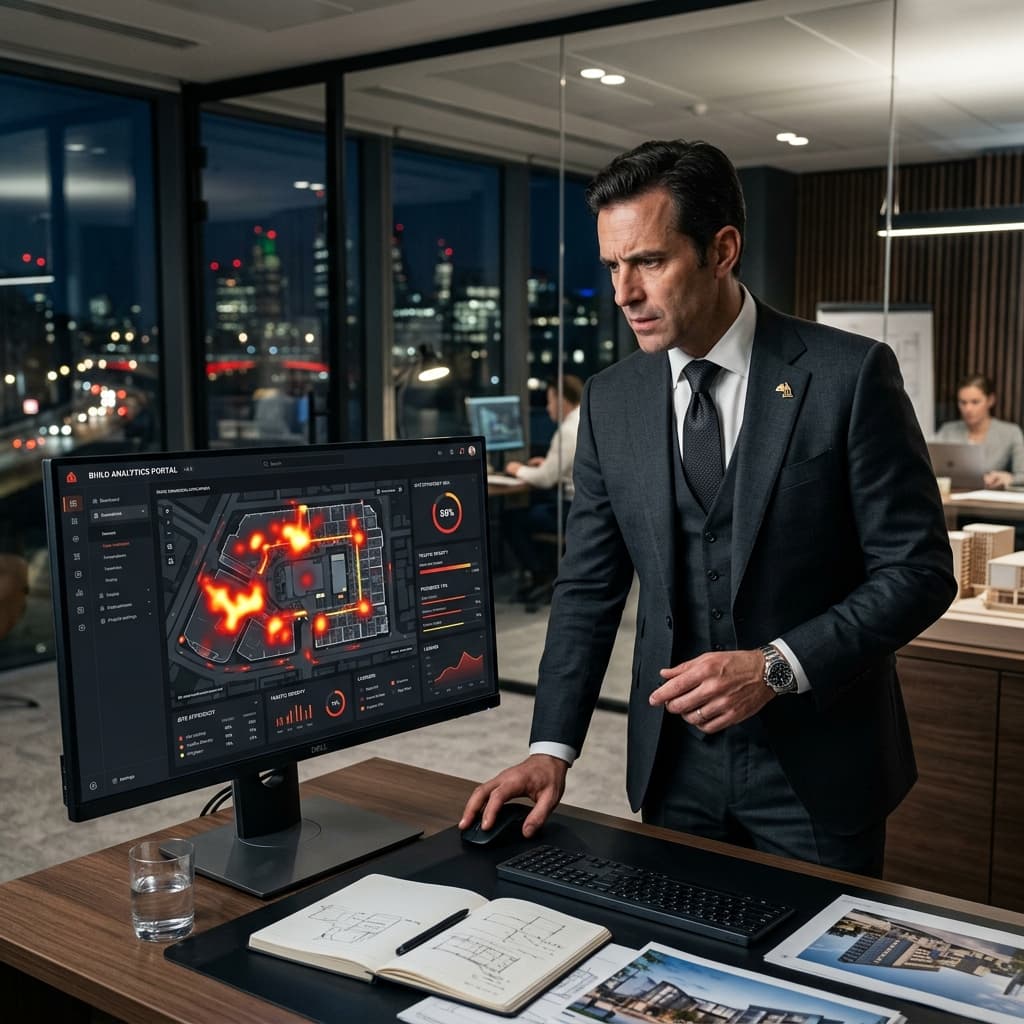 An elite commercial builder in a tailored suit looking intensely at a dark-themed computer monitor displaying glowing red and yellow heatmap data