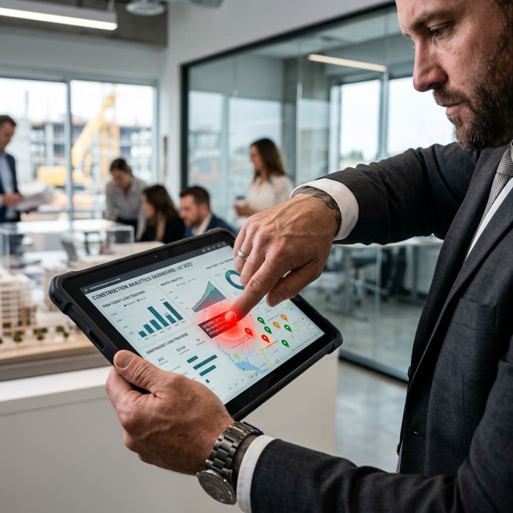 A close-up of a masculine, confident hand pointing aggressively at a bright red hotspot on a sleek tablet showing construction analytics